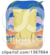 Poster, Art Print Of Blank Wood Sign Behind Tiki Torches And Tables On A Beach At Night