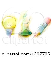 Water Color Painted Light Bulb Science Beaker And Pencil
