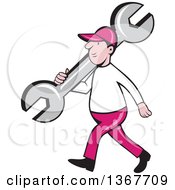 Clipart Of A Retro Cartoon White Male Mechanic Carrying A Giant Spanner Wrench Over His Shoulder And Walking Royalty Free Vector Illustration