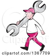 Poster, Art Print Of Retro Cartoon White Male Mechanic Carrying A Giant Spanner Wrench Over His Shoulder And Walking