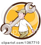 Clipart Of A Retro Cartoon White Male Mechanic Carrying A Giant Spanner Wrench Over His Shoulder And Walking Emerging From A Brown White And Yellow Circle Royalty Free Vector Illustration