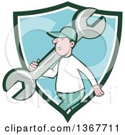 Poster, Art Print Of Retro Cartoon White Male Mechanic Carrying A Giant Spanner Wrench Over His Shoulder And Walking Emerging From A Green White And Blue Shield