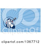 Clipart Of A Retro Batting American Patriot Baseball Player And Blue Rays Background Or Business Card Design Royalty Free Illustration