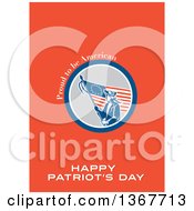 Clipart Of A Retro American Patriot Minuteman Revolutionary Soldier Wielding A Flag With Proud To Be American Happy Patriots Day Text On Red Royalty Free Illustration