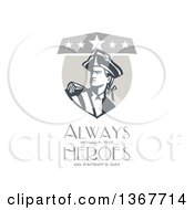 Poster, Art Print Of Retro American Patriot Minuteman Revolutionary Soldier Crest With Always Honour The Heroes On Patriots Day Text On White