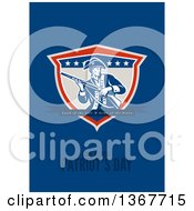 Clipart Of A Retro American Patriot Minuteman Revolutionary Soldier Carrying A Musket Rifle With Land Of The Free And Home Of The Brave Have A Great Patriots Day Text On Blue Royalty Free Illustration