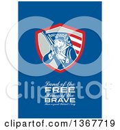 Retro American Patriot Minuteman Revolutionary Soldier Wielding A Flag With Land Of The Free Home Of The Brave Have A Great Patriots Day Text On Blue