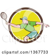Poster, Art Print Of Retro Cartoon White Man Playing Tennis Emerging From A Brown White And Yellow Circle