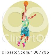 Retro Low Poly White Male Basketball Player Doing A Layup In A Green Oval
