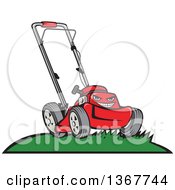 Cartoon Tough Red Lawn Mower Mascot On A Hill