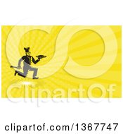 Poster, Art Print Of Retro Woodcut Male Chef Running With A Plate And Spatula And Yellow Rays Background Or Business Card Design