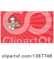 Cartoon Caucasian Male Chef Holding A Fresh Trout Fish And Red Rays Background Or Business Card Design