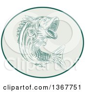 Retro Sketched Or Engraved Largemouth Bass Fish Jumping In An Oval