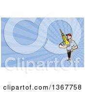 Poster, Art Print Of Cartoon Construction Worker Man Holding A Jackhammer And Blue Rays Background Or Business Card Design