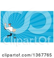 Poster, Art Print Of Cartoon Delivery Man Gesturing Ok And Carrying A Parcel And Blue Rays Background Or Business Card Design