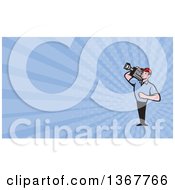 Poster, Art Print Of Cartoon Movie Camera Man Filming And Blue Rays Background Or Business Card Design