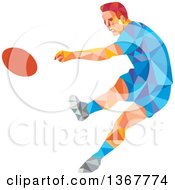 Poster, Art Print Of Retro Low Poly Caucasian Male Rugby Player Kicking