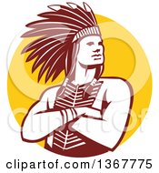 Poster, Art Print Of Retro Brown And White Native American Indian Chief With Folded Arms Over A Yellow Circle
