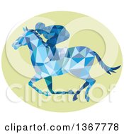 Poster, Art Print Of Blue Geometric Low Poly Horse Racing Jockey In A Green Oval
