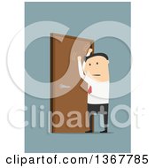 Clipart Of A Flat Design White Business Man Pounding On A Door On Blue Royalty Free Vector Illustration