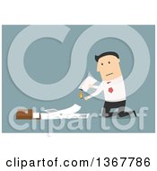 Clipart Of A Flat Design White Business Man Lighting Documents On Fire On Blue Royalty Free Vector Illustration