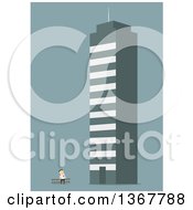 Poster, Art Print Of Flat Design White Business Man Looking Up At A Giant Building On Blue