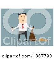 Clipart Of A Flat Design White Business Man Holding A Calculator And Paying Taxes On Blue Royalty Free Vector Illustration