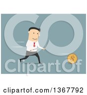 Poster, Art Print Of Flat Design White Business Man Chasing A Coin With Cutlery On Blue