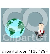Poster, Art Print Of Flat Design White Business Man Using A Laptop Connected To The Globe On Blue