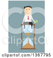 Poster, Art Print Of Flat Design White Business Man Holding Cash And Sitting On An Hourglass On Blue