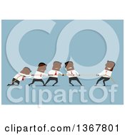 Clipart Of A Flat Design Black Business Man Winning Tug Of War Against A Team On Blue Royalty Free Vector Illustration