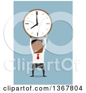 Poster, Art Print Of Flat Design Black Business Man Holding Up A Clock On Blue
