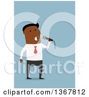 Poster, Art Print Of Flat Design Black Business Man Speaking Into A Microphone On Blue