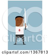 Clipart Of A Flat Design Black Business Man Holding A Sword On Blue Royalty Free Vector Illustration