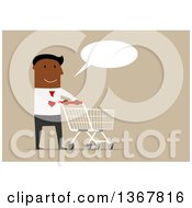 Poster, Art Print Of Flat Design Black Business Man Talking And Pushing A Shopping Cart On Tan