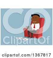 Clipart Of A Flat Design Black Business Man Sitting In A Chair And Using A Laptop On Blue Royalty Free Vector Illustration