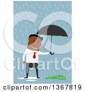Poster, Art Print Of Flat Design Black Business Man Holding An Umbrella Over Cash On Blue