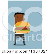 Poster, Art Print Of Flat Design Black Business Man Holding A Giant Hamburger On Blue