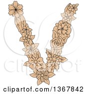 Clipart Of A Tan Floral Lowercase Alphabet Letter V Royalty Free Vector Illustration