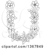 Poster, Art Print Of Black And White Lineart Floral Uppercase Alphabet Letter U