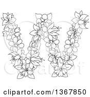 Clipart Of A Black And White Lineart Floral Uppercase Alphabet Letter W Royalty Free Vector Illustration by Vector Tradition SM