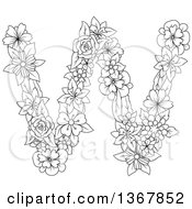 Poster, Art Print Of Black And White Lineart Floral Lowercase Alphabet Letter W