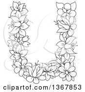 Poster, Art Print Of Black And White Lineart Floral Lowercase Alphabet Letter U