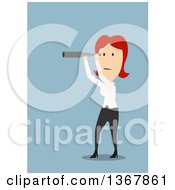 Flat Design White Business Woman Looking Through A Telescope On Blue