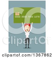 Poster, Art Print Of Flat Design White Business Woman Holding Up A Credit Card On Blue