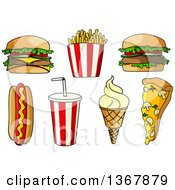 Poster, Art Print Of Cartoon Burers Fries A Hot Dog Soda Ice Cream And Pizza