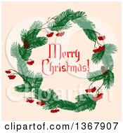Poster, Art Print Of Merry Christmas Greeting In A Wreath With Berries And Pinecones Over Beige