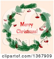 Clipart Of A Merry Christmas Greeting In A Wreath With Berries And Pinecones Over Beige Royalty Free Vector Illustration