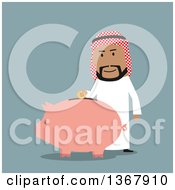 Poster, Art Print Of Flat Design Arabian Businessman Putting A Coin In A Piggy Bank On Blue