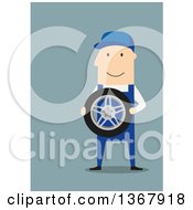 Poster, Art Print Of Flat Design White Male Mechanic Holding A Tire On Blue